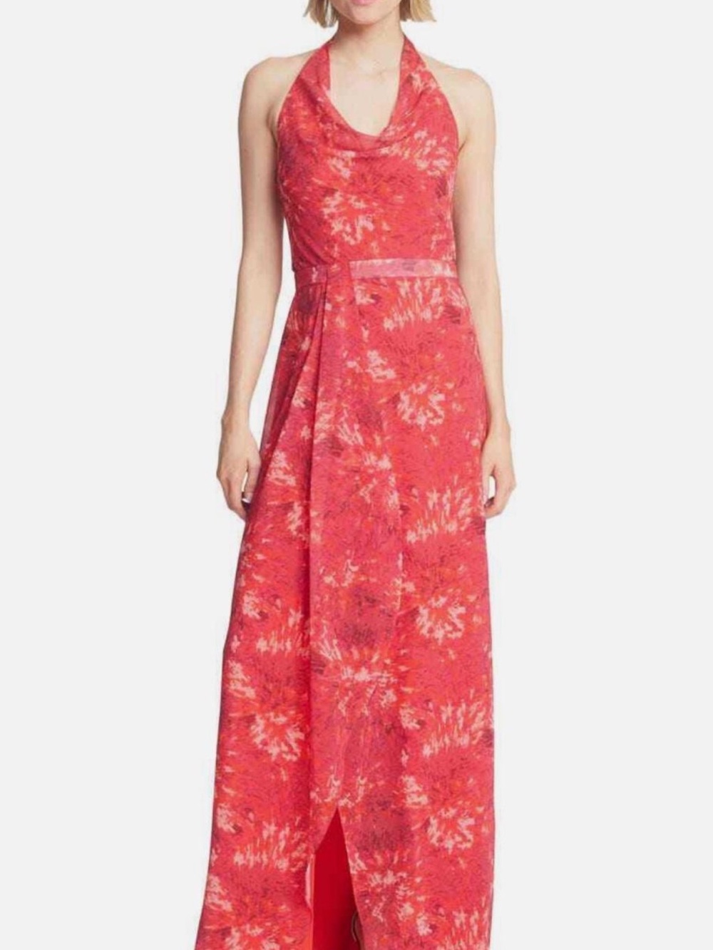 HALSTON HERITAGE PRINTED CHIFFON COWL HALTER GOWN KALEIDOSCOPE POPPY